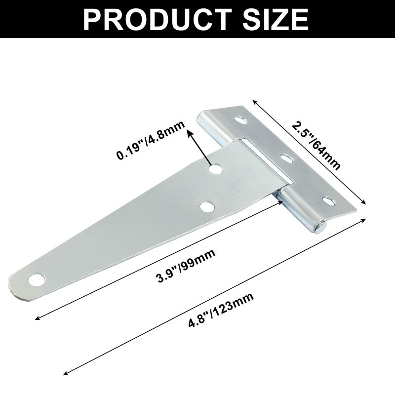 Murtenze 6Pack 4 Inch Silver T-Strap Shed Hinge,Barn Door Hinges Heavy Duty Gate Strap Hinge T Hinges for Barn Door, Shed or Wooden Fences - Image 2